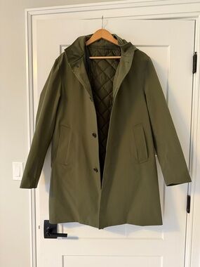 Tag on- Barney’s Olive Green Quilted Hooded Coat